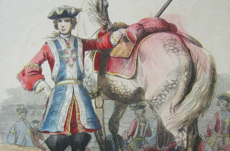 Gravure d'un Sous-brigadier des Mousquetaires en 1726